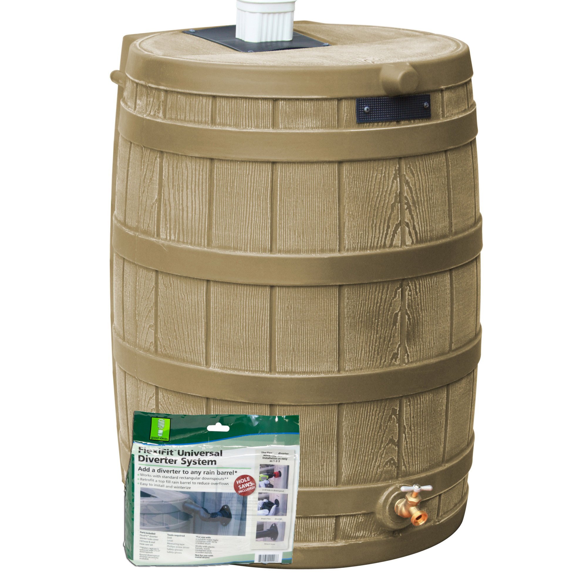 Good Ideas Rain Wizard Rain Barrel with Diverter Kit — 50 Gallon, Khaki, BPA-Free, Model# RW50-DIV-KHA
